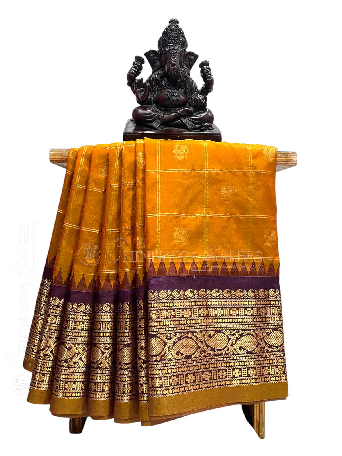 Bridal Big Checks Butta Marigold Yellow Pure Silk Sarees