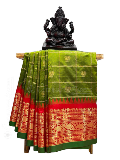 Bridal Big Checks Butta Mehndi Green Pure Silk Sarees
