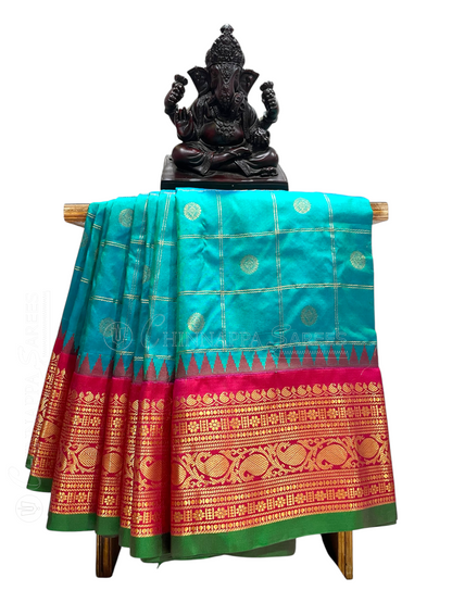 Bridal Big Checks Butta Ananda Blue Pure Silk Sarees