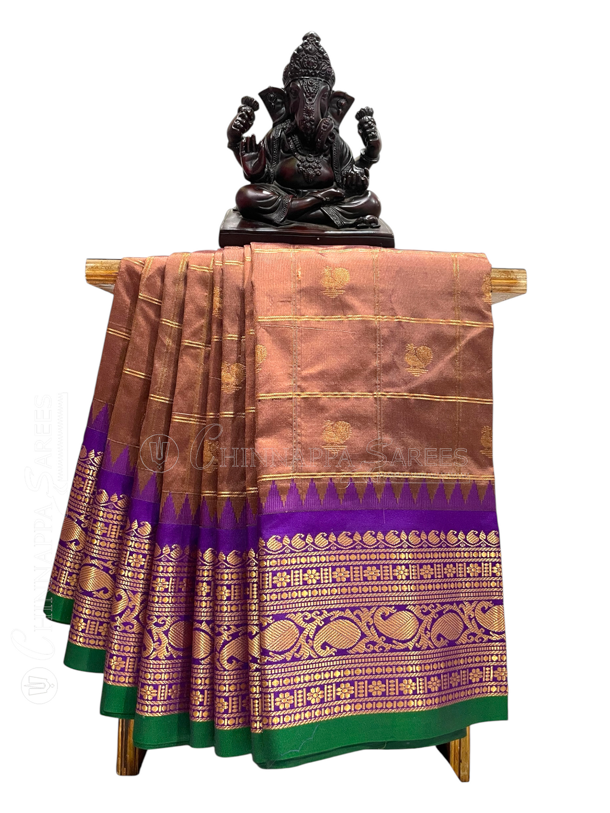 Bridal Big Checks Butta Rosewood Brown Pure Silk Sarees