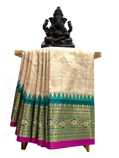 Bridal Big Checks Butta Half White Pure Silk Sarees