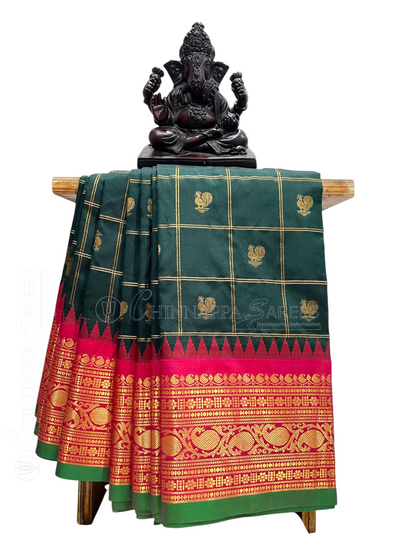 Bridal Big Checks Butta Bottle Green Pure Silk Sarees