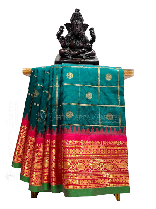 Bridal Big Checks Butta Emerald Green Pure Silk Sarees