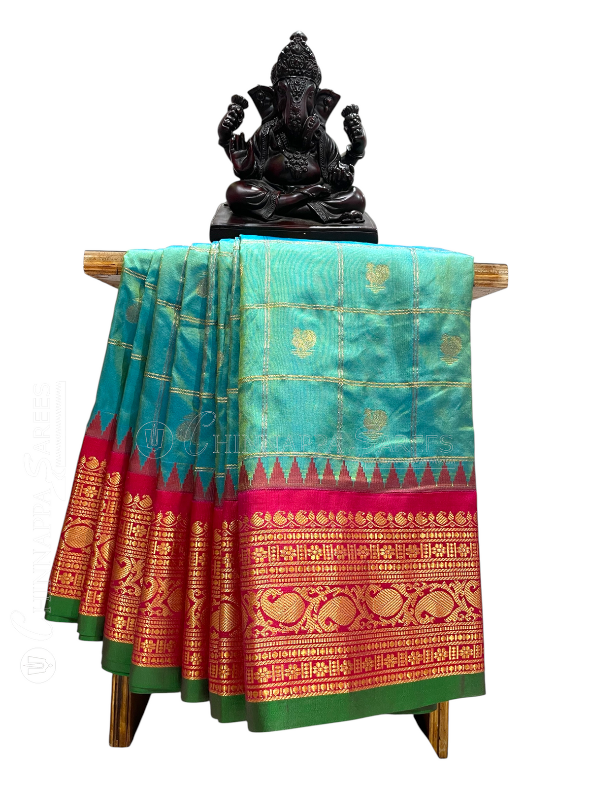 Bridal Big Checks Butta Rama Blue Pure Silk Sarees