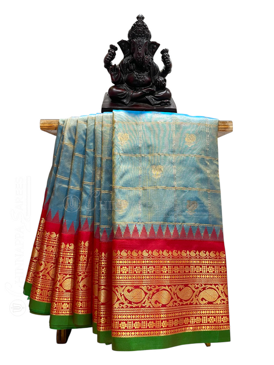 Bridal Big Checks Butta Sky Blue Pure Silk Sarees