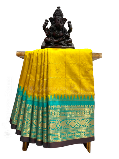 Bridal Big Checks Butta Mustard Pure Silk Sarees