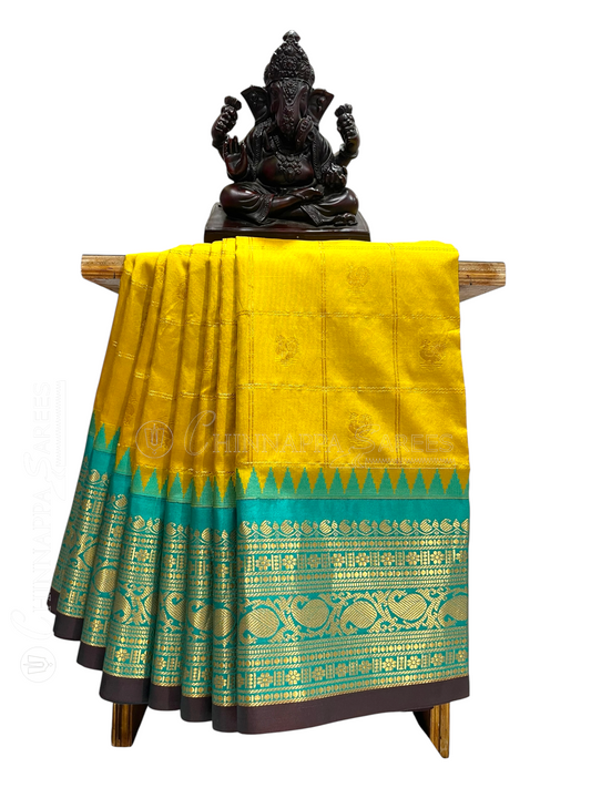 Bridal Big Checks Butta Mustard Pure Silk Sarees