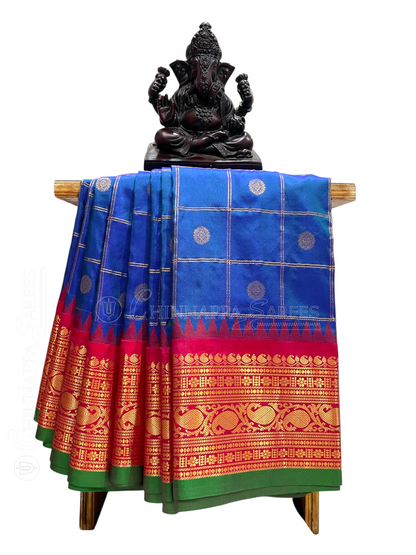 Bridal Big Checks Butta Royal Blue Pure Silk Sarees