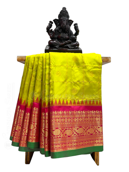 Bridal Big Checks Butta Lime Green Pure Silk Sarees