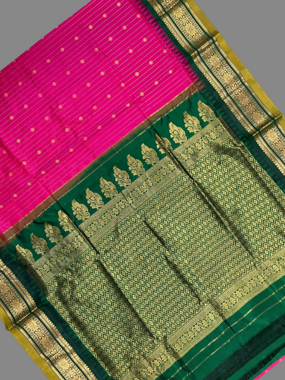 Kanchi Flamingo Pink Stripes Butta Pure Silk Sarees