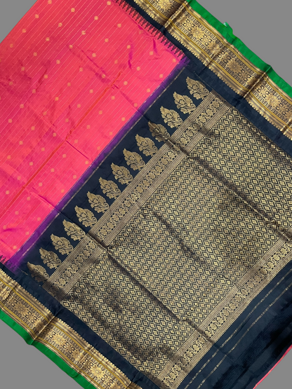 Kanchi Coral Pink Stripes Butta Pure Silk Sarees