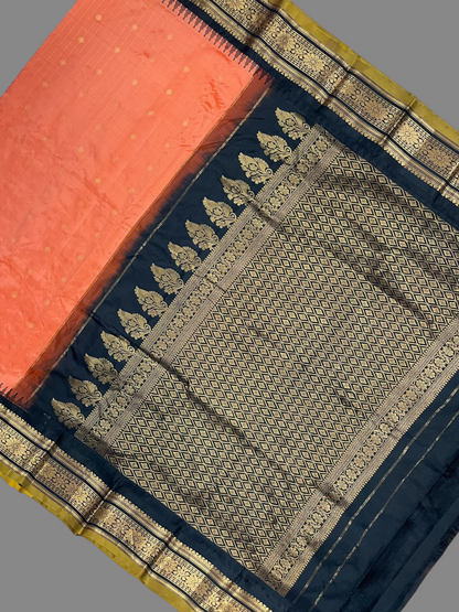 Kanchi Deep Orange Stripes Butta Pure Silk Sarees