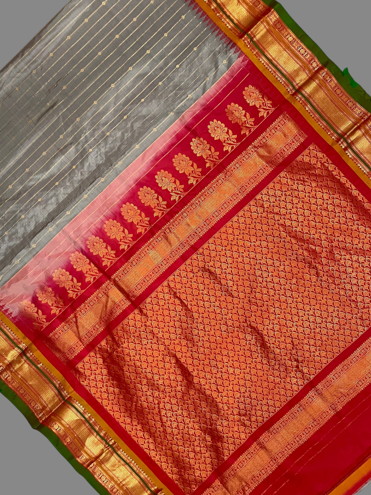Kanchi Silver Grey Stripes Butta Pure Silk Sarees