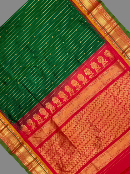 Kanchi Green Stripes Butta Pure Silk Sarees