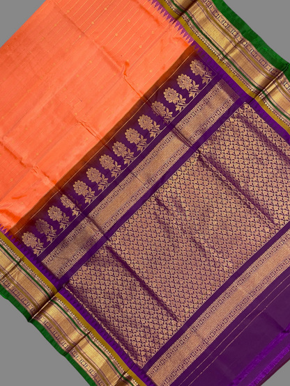 Kanchi Bright Orange Stripes Butta Pure Silk Sarees