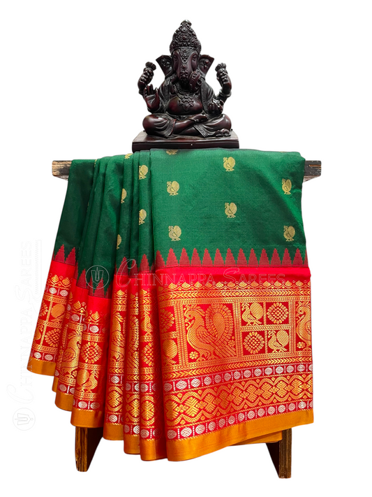 Gadwal Peacock Border Bottle Green Silk Saree
