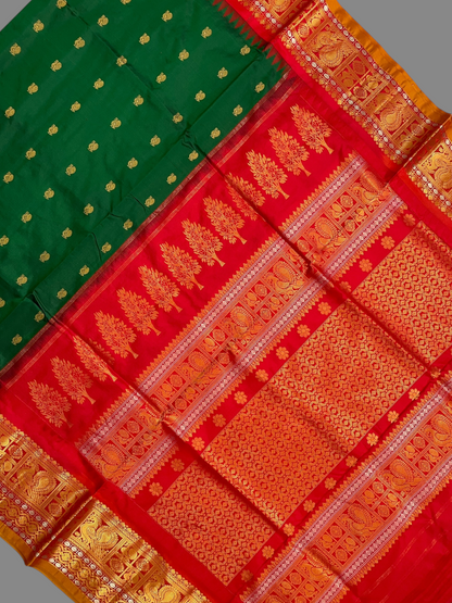 Gadwal Peacock Border Bottle Green Silk Saree