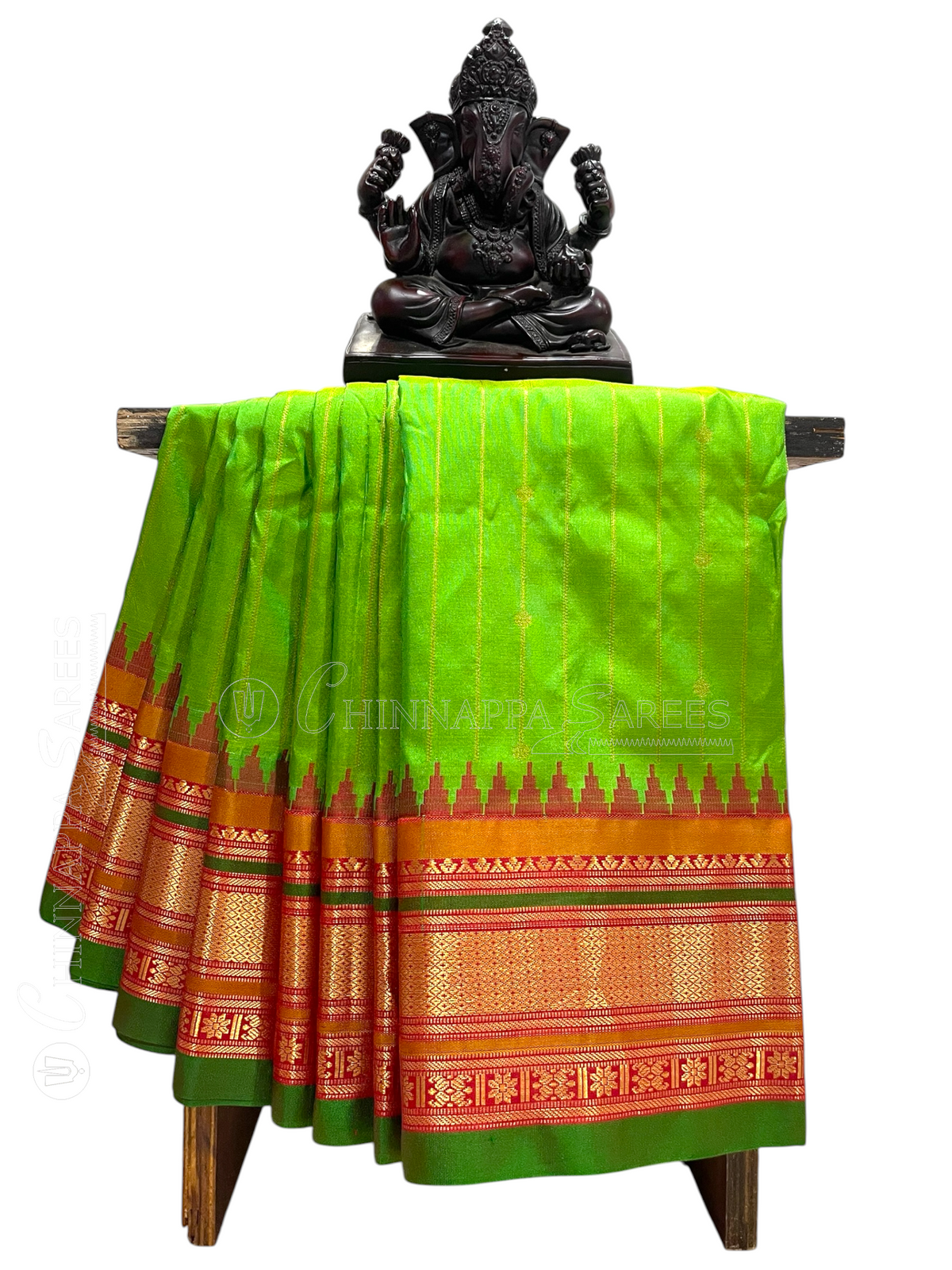 Kanchi Parrot Green Stripes Butta Pure Silk Sarees