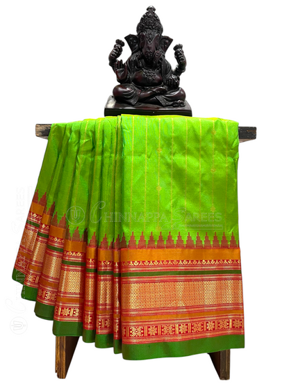 Kanchi Parrot Green Stripes Butta Pure Silk Sarees