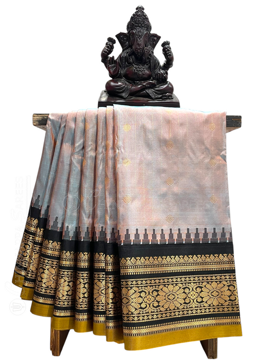 Kanchi Copper Blue Stripes Butta Pure Silk Sarees