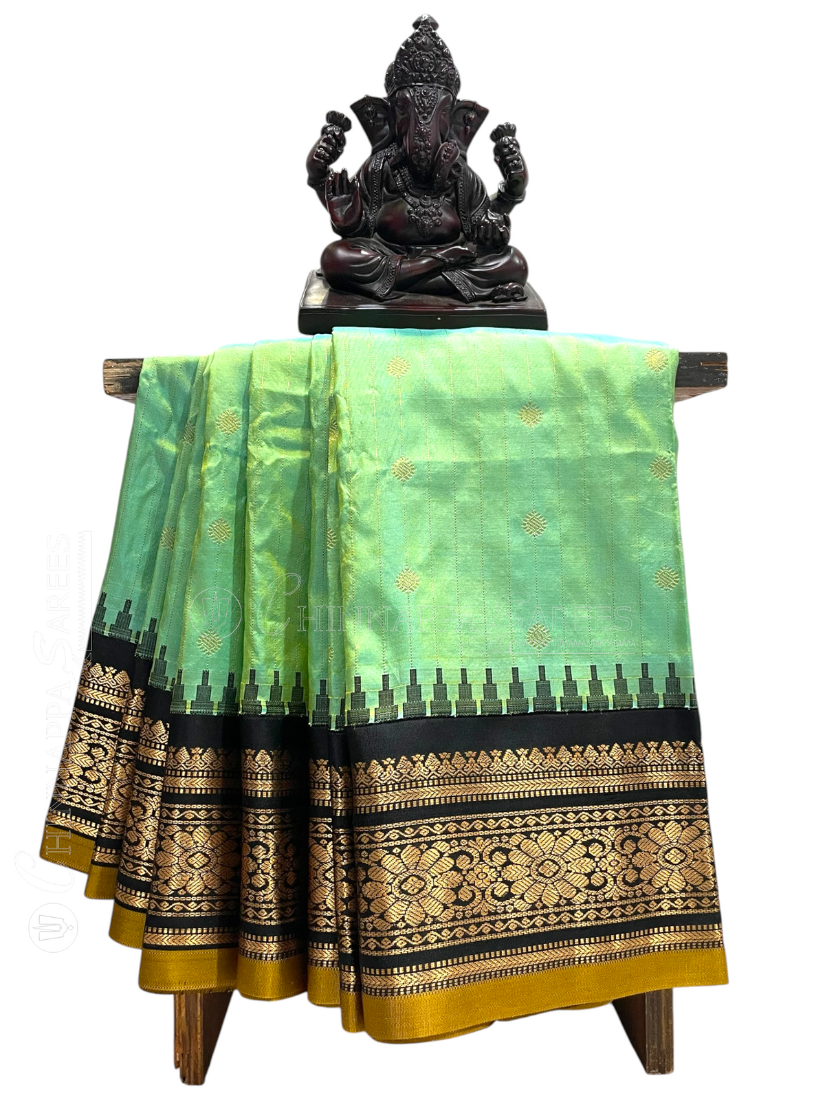 Kanchi Sea Green Stripes Butta Pure Silk Sarees
