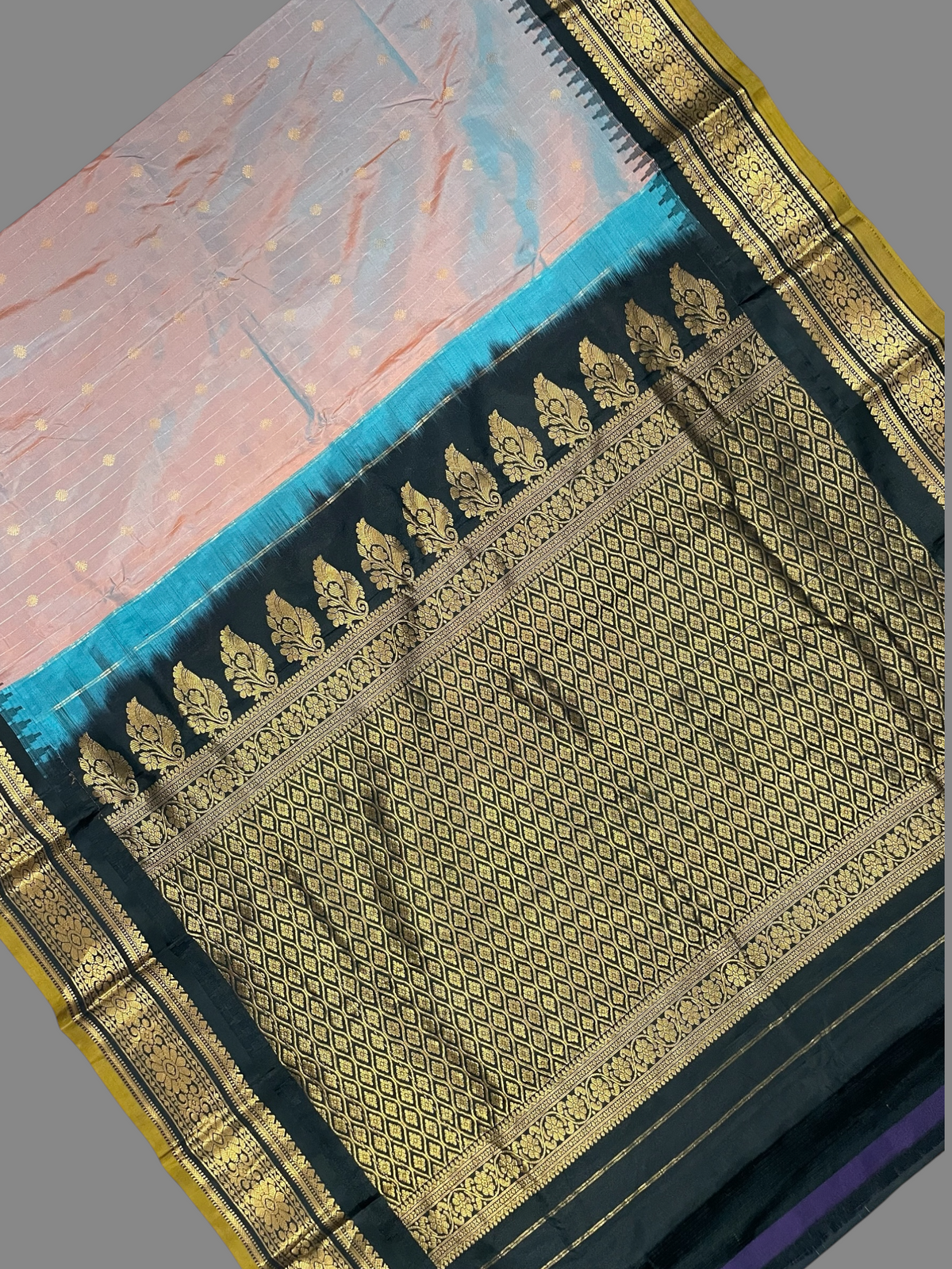Kanchi Copper Blue Stripes Butta Pure Silk Sarees