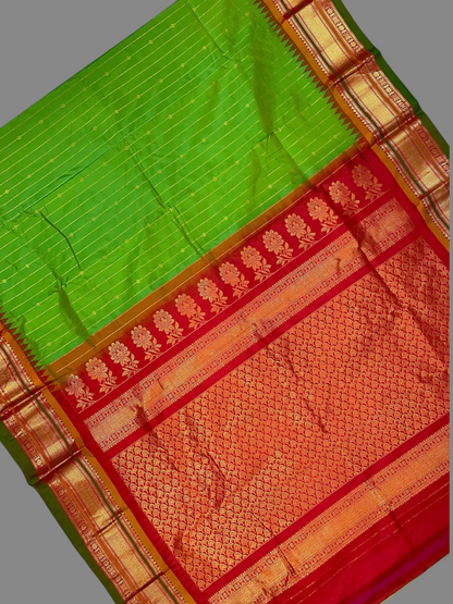 Kanchi Parrot Green Stripes Butta Pure Silk Sarees