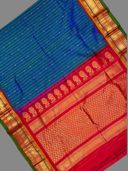 Kanchi Ananda Blue Stripes Butta Pure Silk Sarees