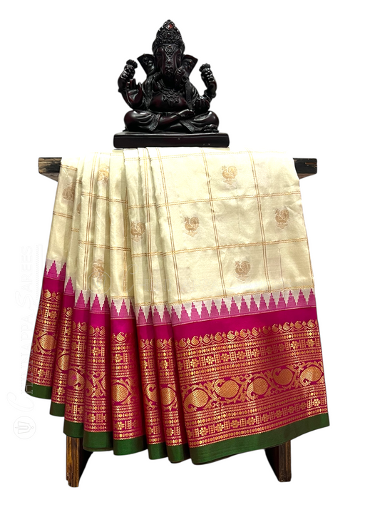 Bridal Big Checks Butta Half White Pure Silk Sarees