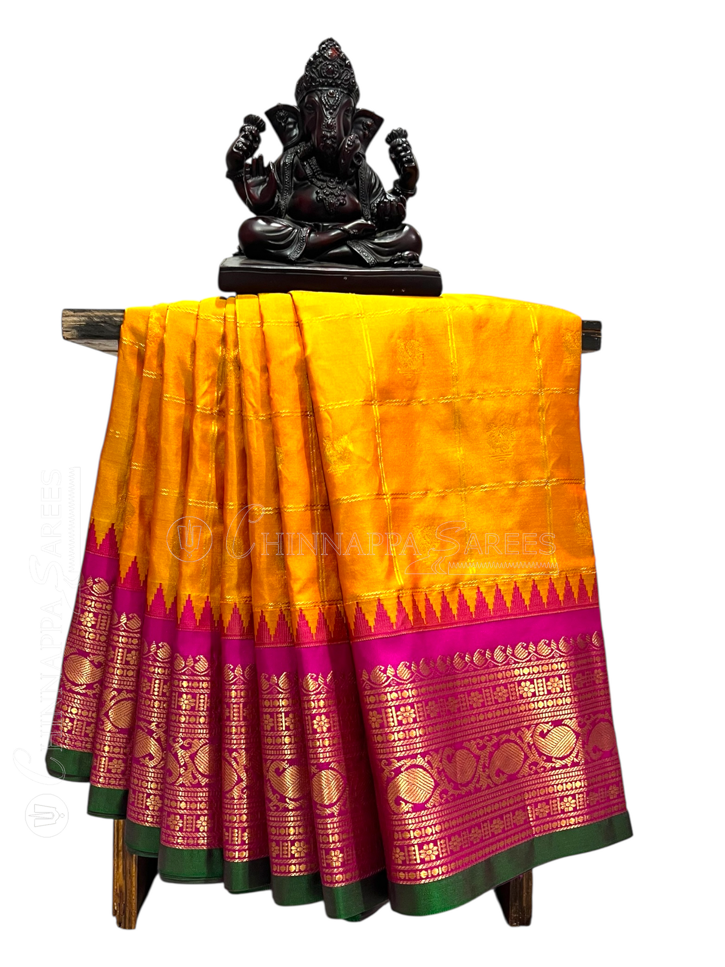 Bridal Big Checks Butta Mustard Pure Silk Sarees