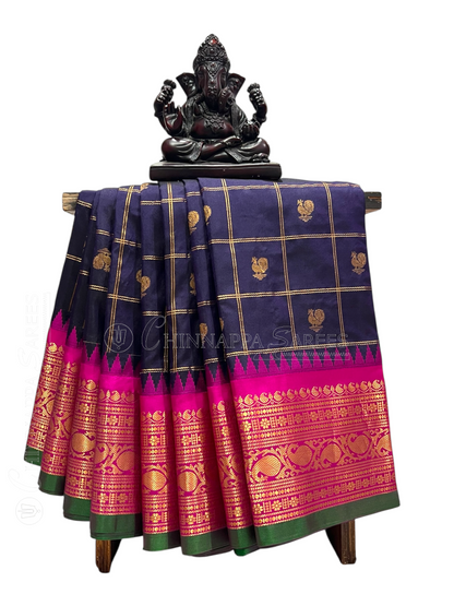 Bridal Big Checks Butta Navy Blue Pure Silk Sarees