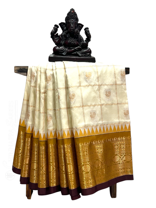 Bridal Big Checks Butta Cream Pure Silk Sarees