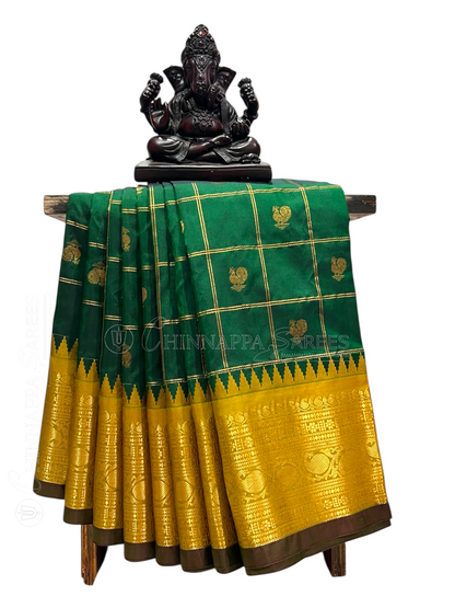 Bridal Big Checks Butta Dark Green Pure Silk Sarees