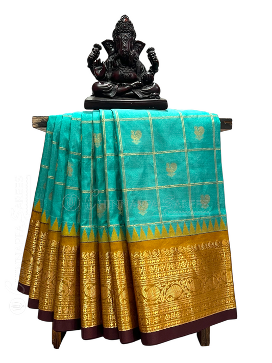 Bridal Big Checks Butta Rama Blue Pure Silk Sarees