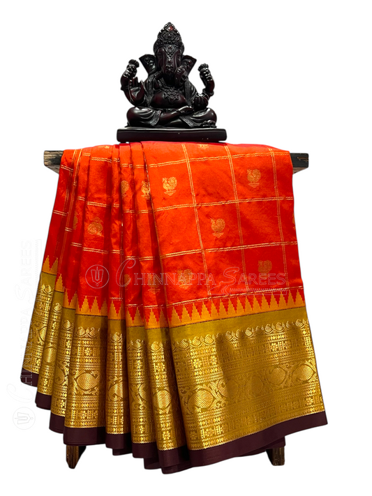 Bridal Big Checks Butta Orange Pure Silk Sarees