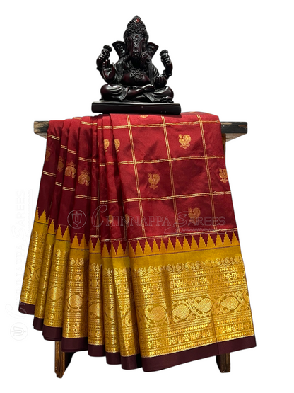 Bridal Big Checks Butta Brown Pure Silk Sarees