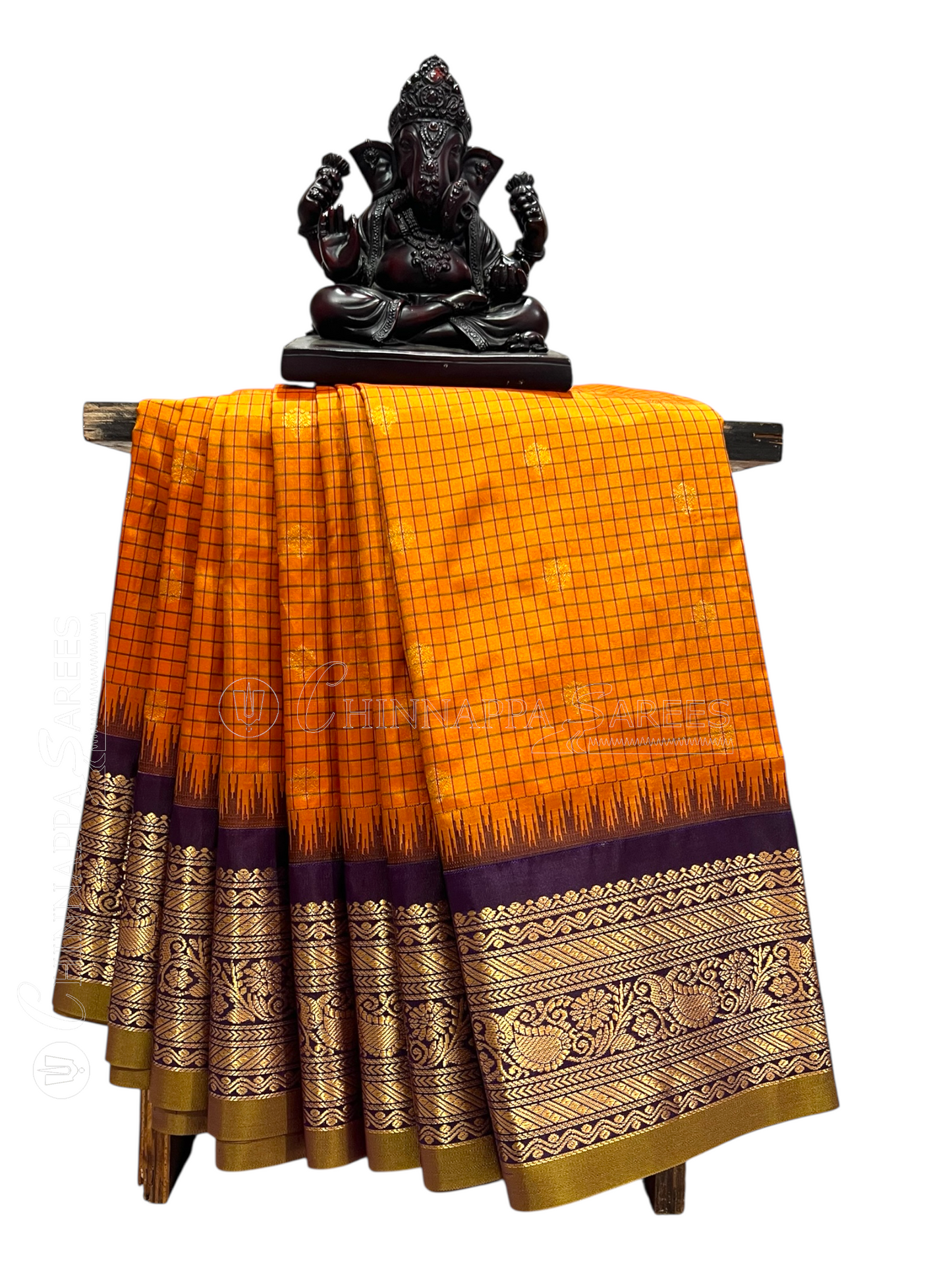 Gadwal Small Checks Butta Mustard Pure Silk Sarees