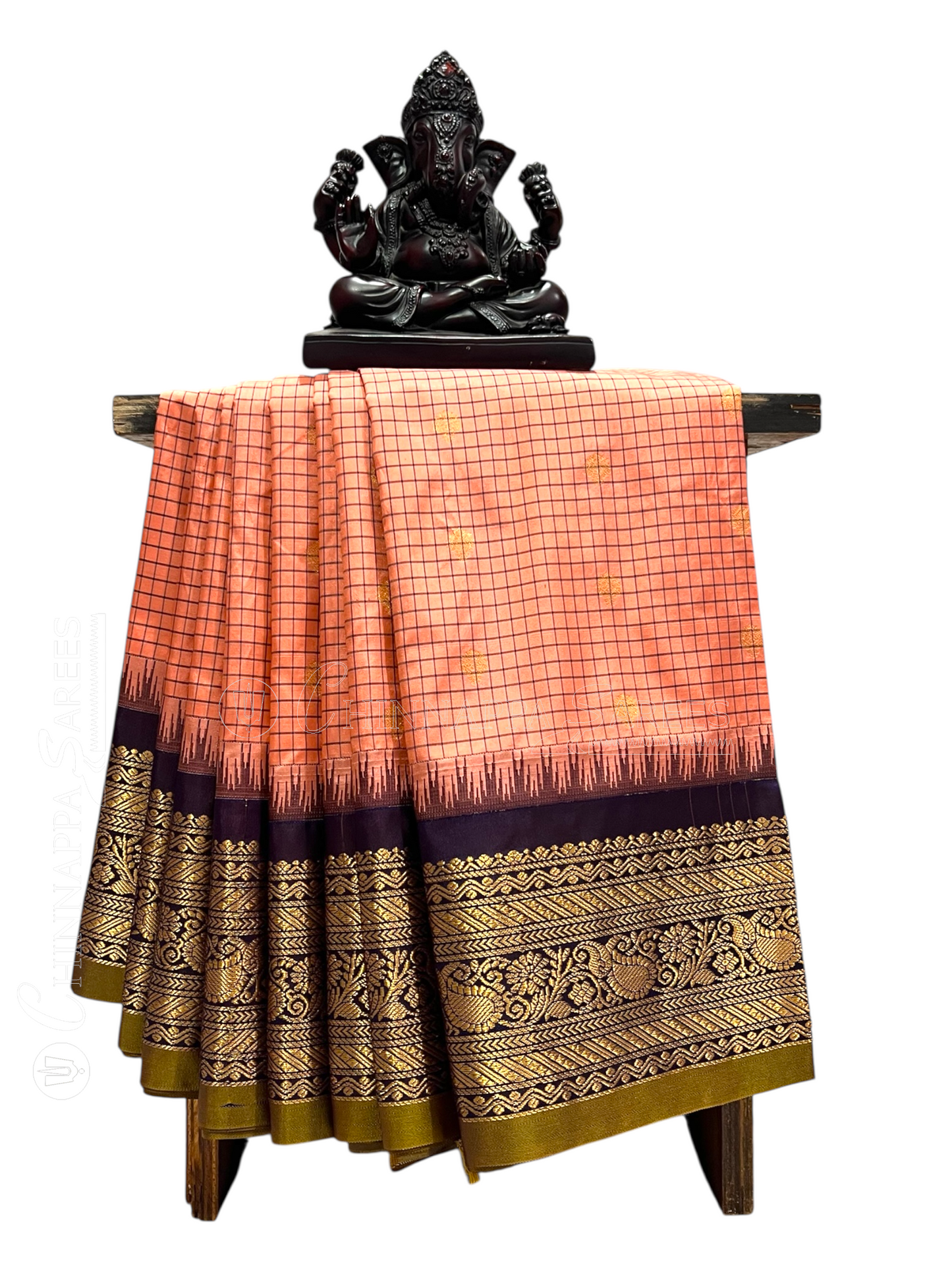 Gadwal Small Checks Butta Light Peach Pure Silk Sarees