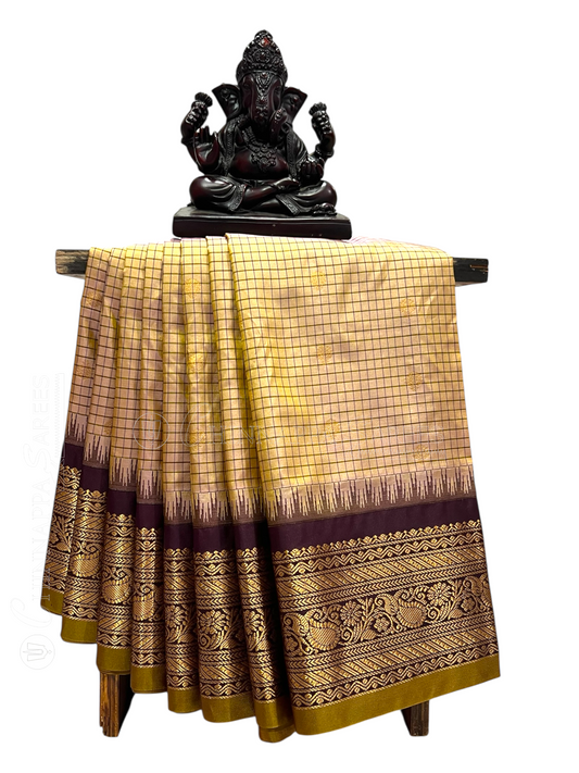 Gadwal Small Checks Butta Cream Pure Silk Sarees