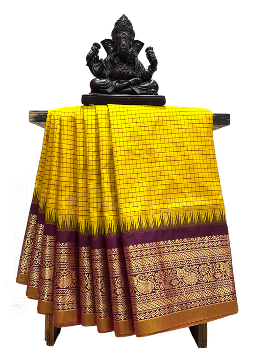 Gadwal Small Checks Butta Yellow Pure Silk Sarees