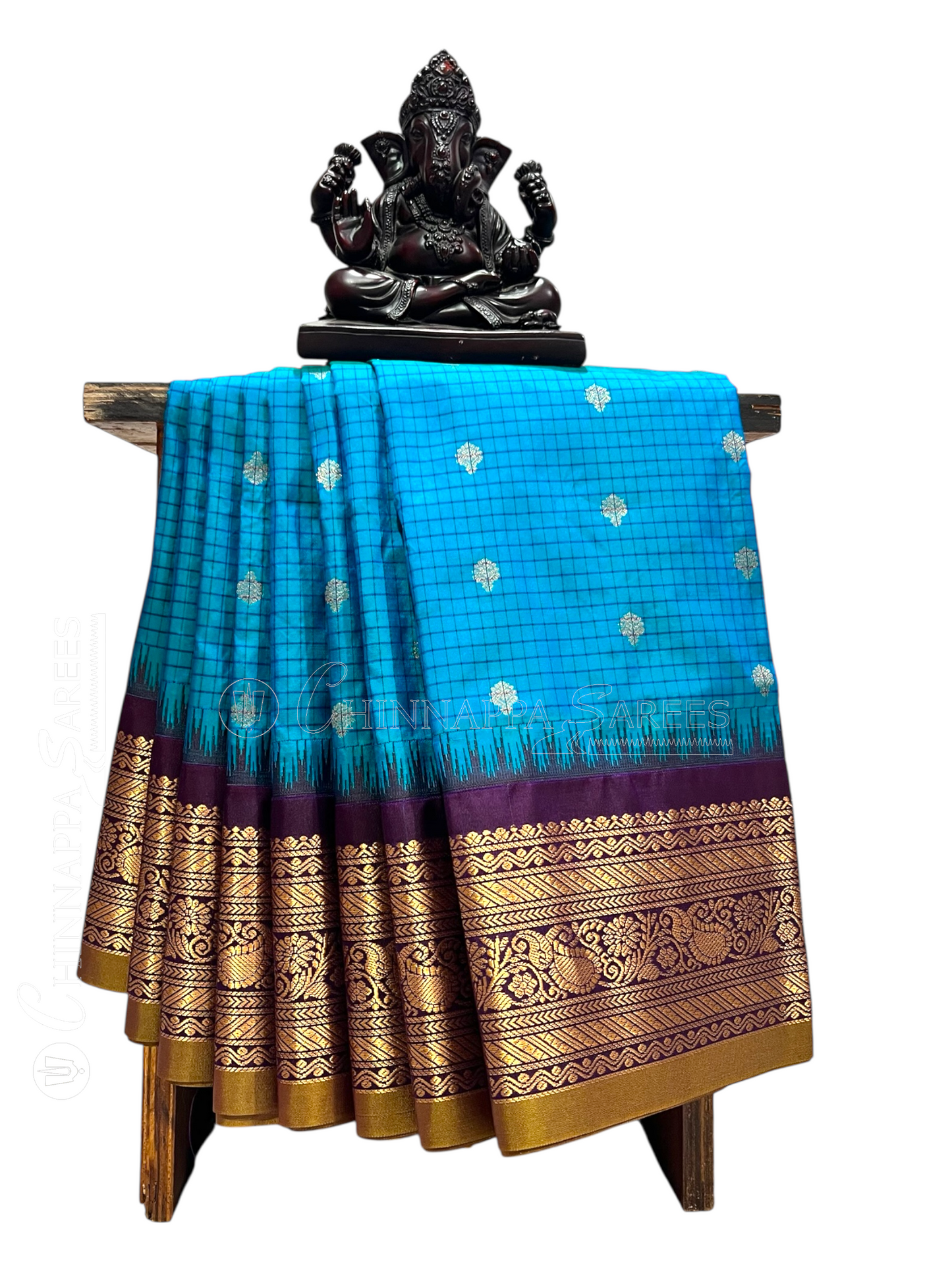 Gadwal Small Checks Butta Blue Pure Silk Sarees