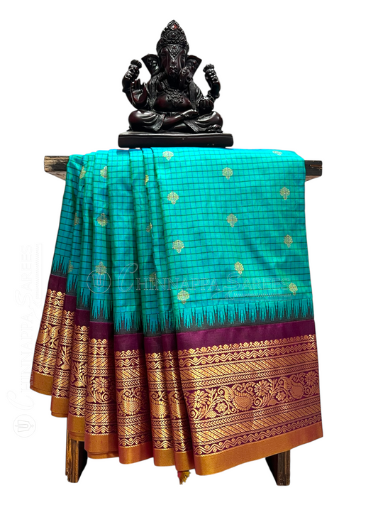 Gadwal Small Checks Butta Rama Green Pure Silk Sarees