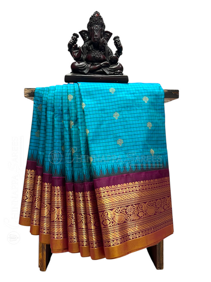 Gadwal Small Checks Butta Rama Blue Pure Silk Sarees