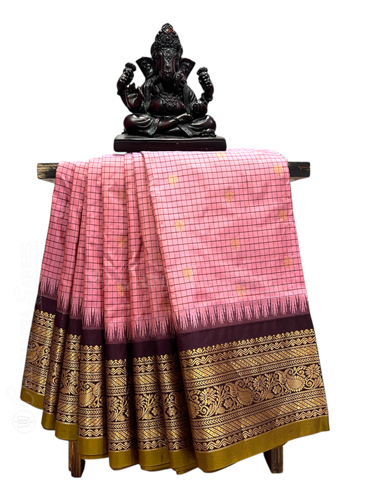 Gadwal Small Checks Butta Light Pink Pure Silk Sarees