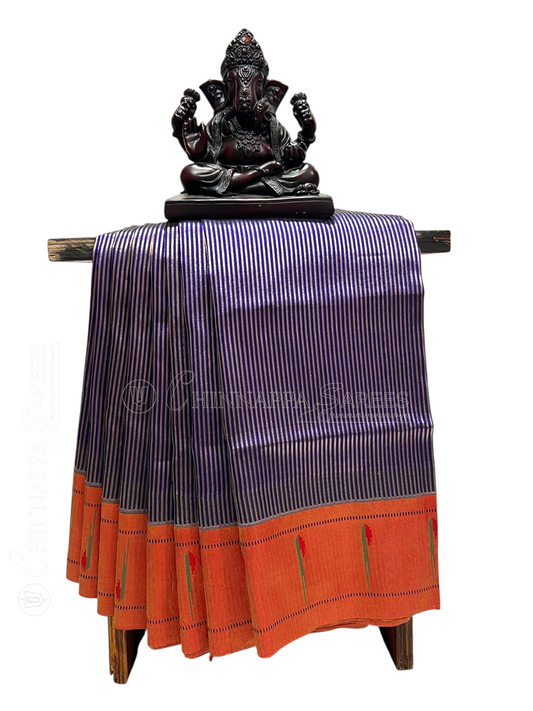 Single Muniya Broder Navy Blue Pure Silk Saree
