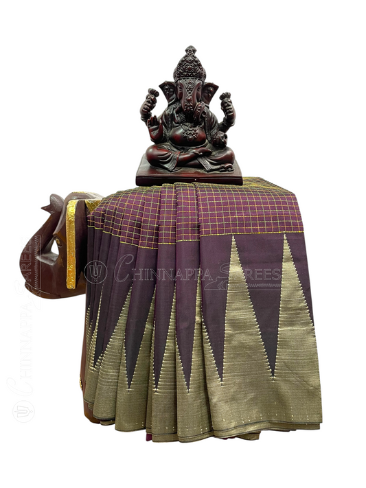 Big Temple Checks Brown Half-Mix Sarees