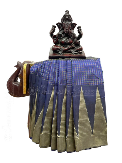 Big Temple Checks Navy Blue Half-Mix Sarees