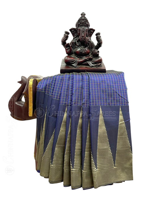 Big Temple Checks Navy Blue Half-Mix Sarees
