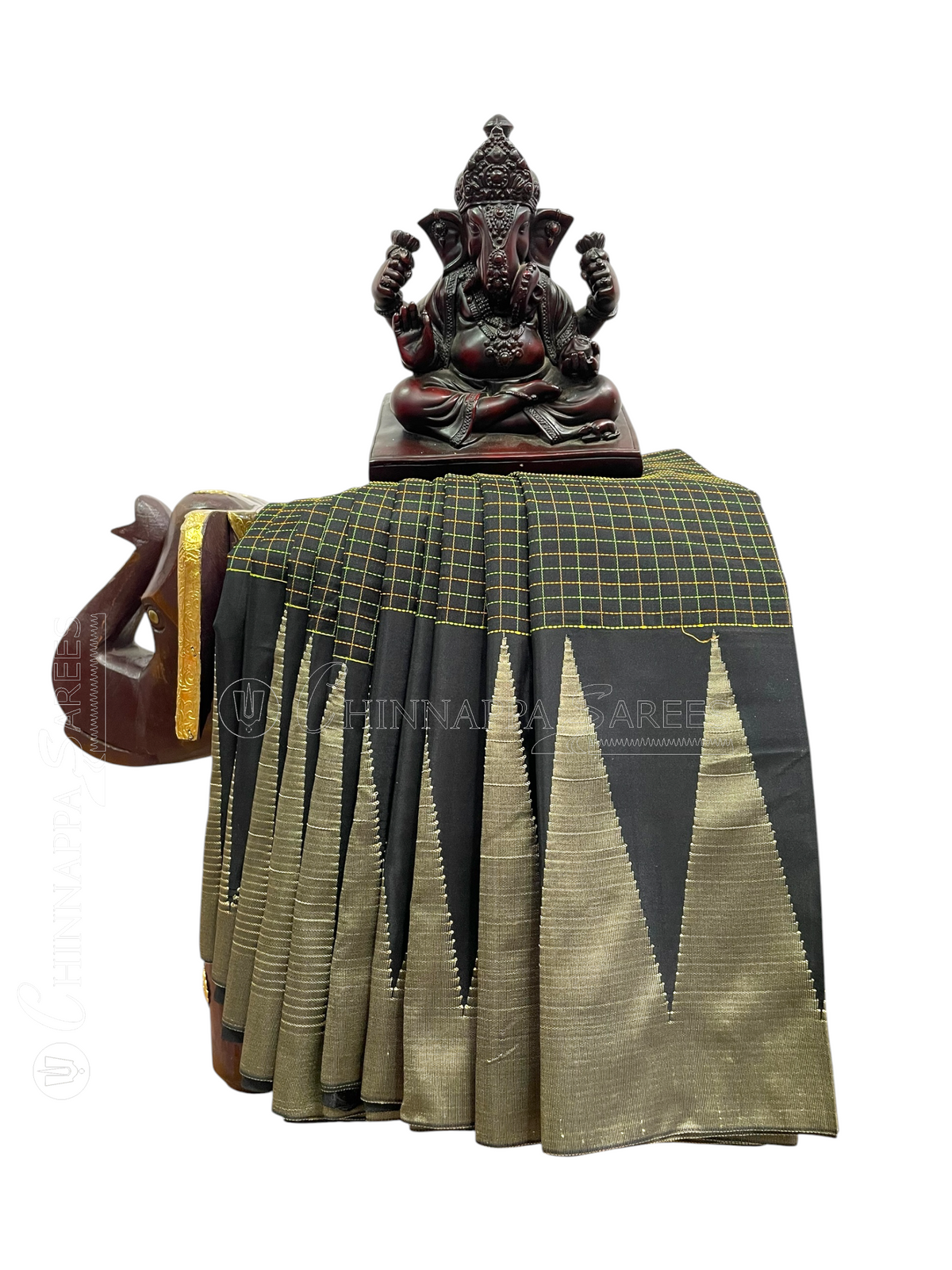 Big Temple Checks Black Half-Mix Sarees