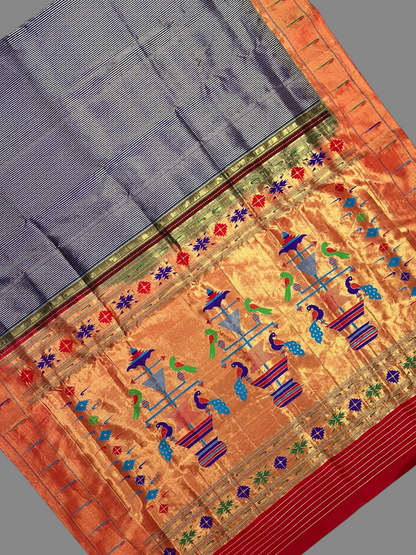 Single Muniya Broder Navy Blue Pure Silk Saree